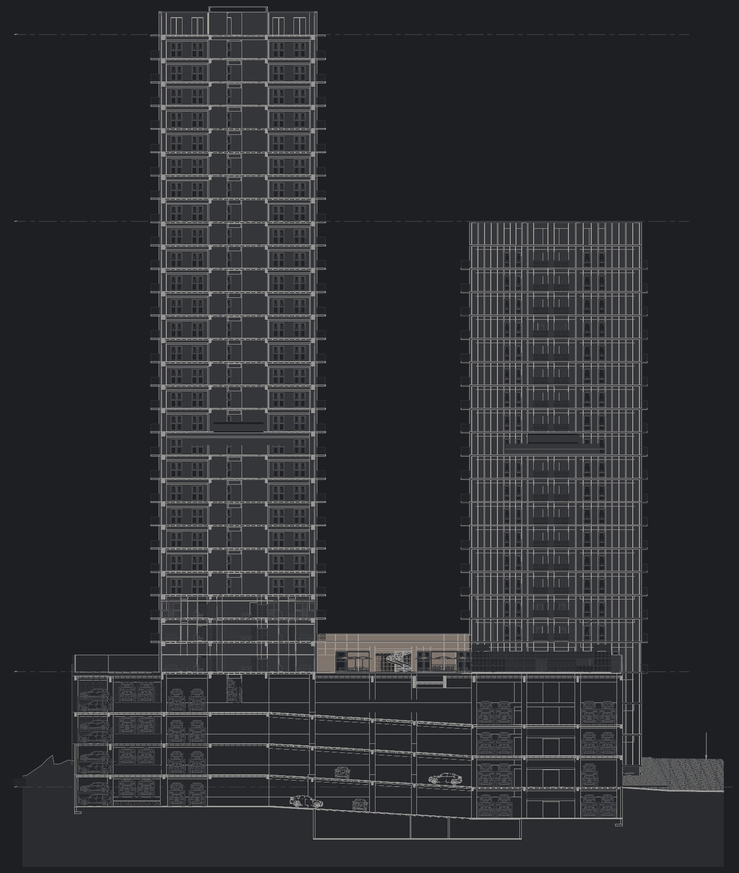 Corte longitudinal A-A de The Morgan Towers: estacionamiento, nivel de amenidades y residencias, y las dos torres